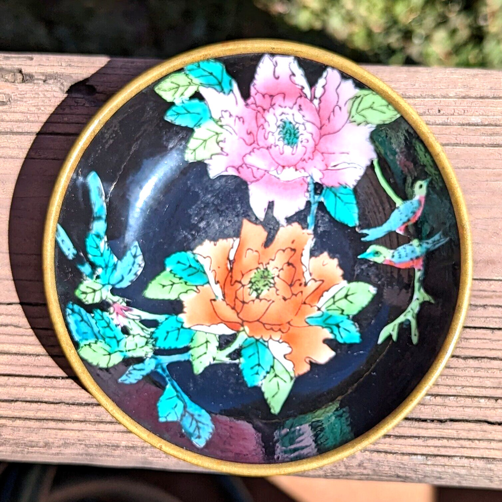 Porcelain Brass Cased Bowl Hand Painted Chinese Floral w Birds Black 1930-1940 - Picture 3 of 8
